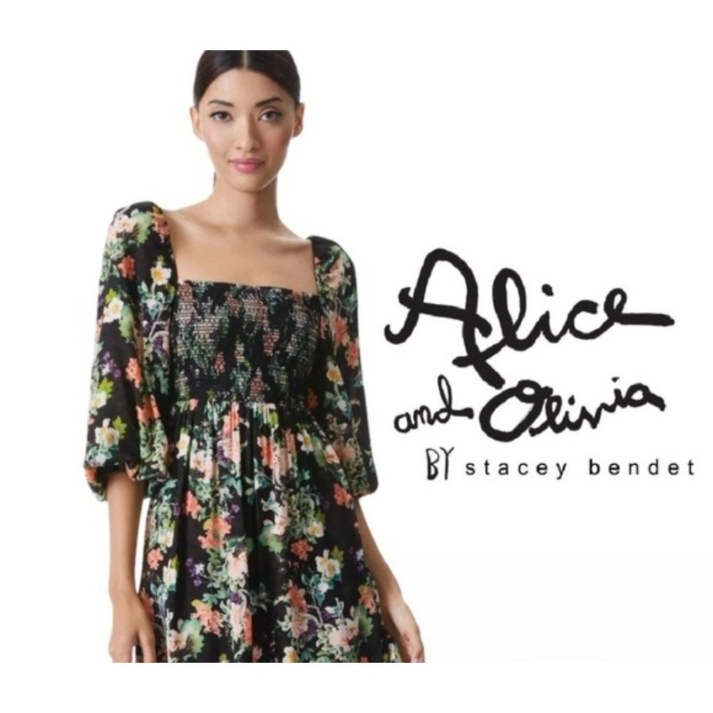 Alice + Olivia Floral Smocked Puff Sleeve Mini Dress Black Size 0
